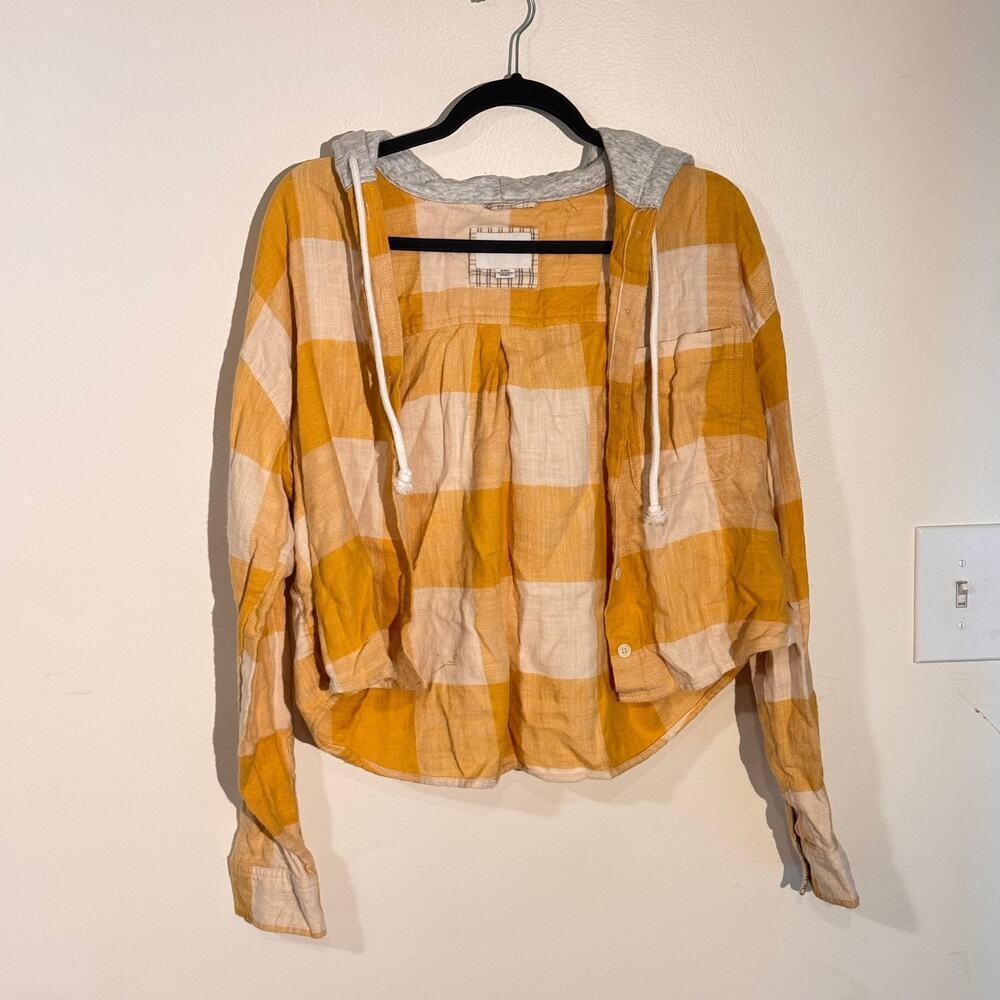 American Eagle Yellow & Cream Plaid Hooded Shirt – Soft Flannel Blend